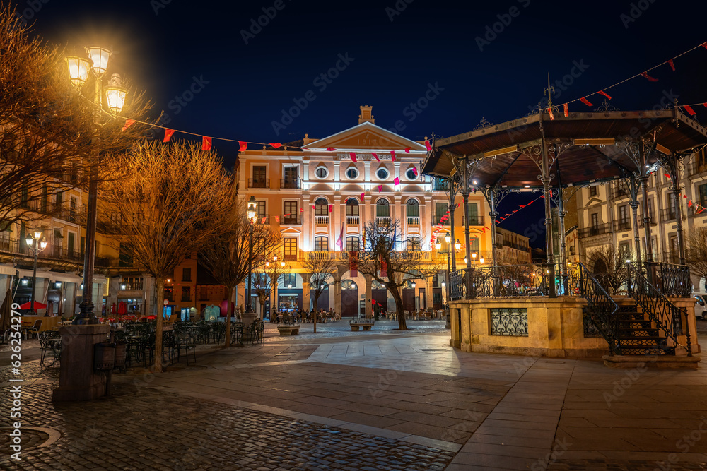 Poster Plaza Mayor Square with Juan Bravo theater at night - Segovia, Spain