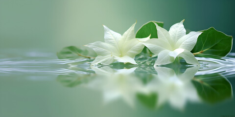 Serene Beauty: Large White Lilies Floating Over Blue Water,Large white lilies over blue water, water dripping  