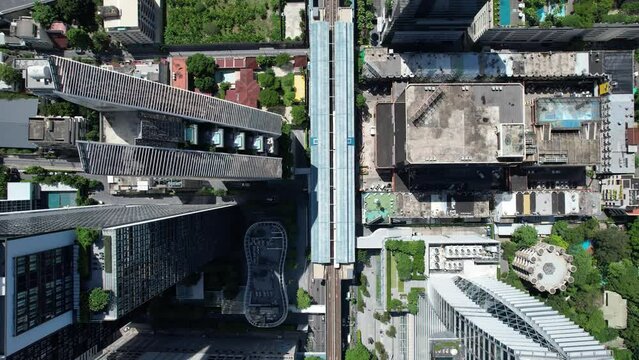 Aerial view of Ploenchit road in Bangkok Downtown, financial district and business center, Thailand