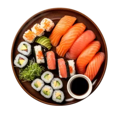 Foto op Canvas Top view of Sushi Platter with Fresh Wasabi and Soy Sauce © PixelXpert