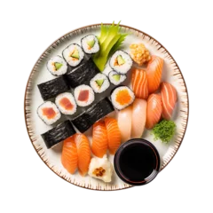 Foto op Plexiglas Top view of Sushi Platter with Fresh Wasabi and Soy Sauce © PixelXpert