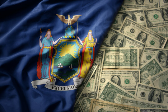 colorful waving national flag of new york state on a american dollar money background. finance concept
