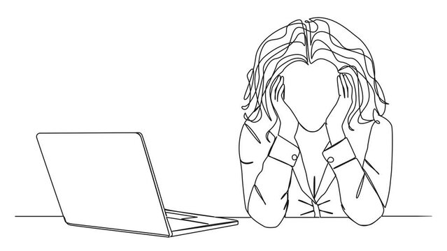 animated continuous single line drawing of stressed business woman sitting at office desk with head in hands, line art animation