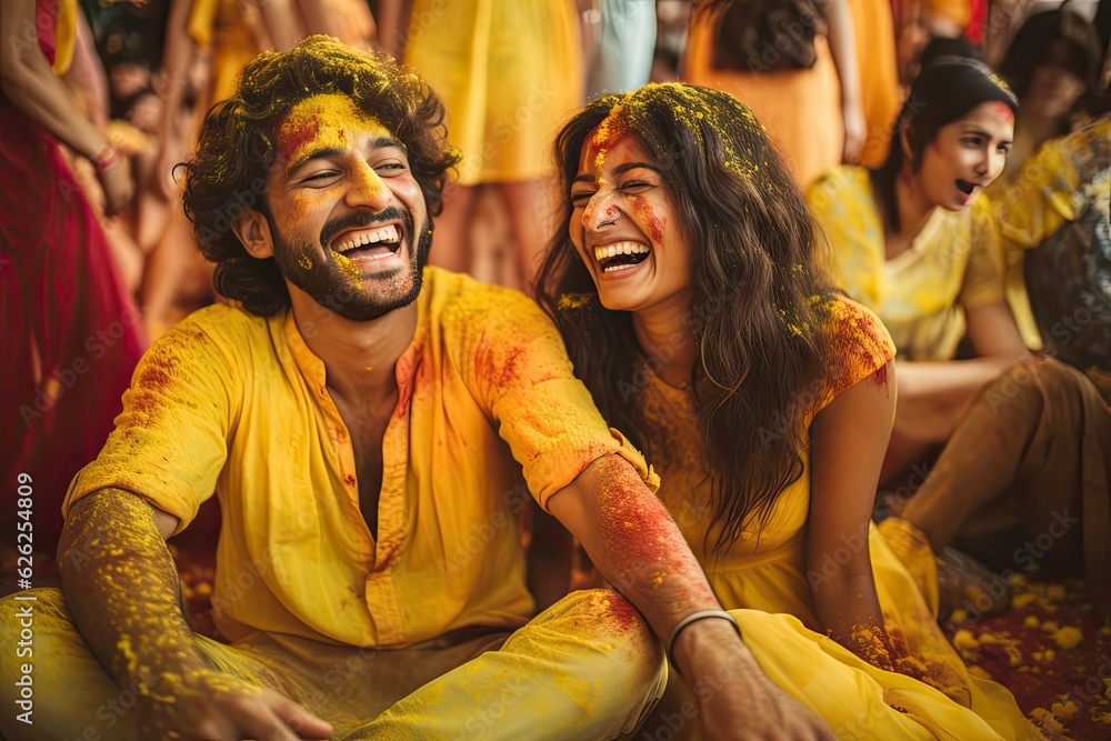 Wall mural beautiful indian couple during haldi event, indian traditional wedding celebration