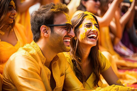 Beautiful Indian couple during Haldi event, Indian traditional wedding celebration