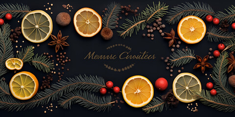 Christmas or New Year Background: Aromatic Fir Branches with Dried Orange and Spices