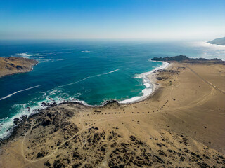 Aerial view of the scenic National Park Pan de Azúcar at the coast of the Atacama desert in Chile - Traveling and exploring South America