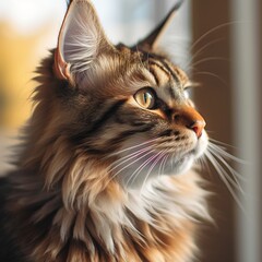 Portrait of a brown Maine Coon cat sitting in light room beside a window. Closeup face of a beautiful Maine Coon cat at home. Portrait of grown Maine Coon cat with thick brown fur looking out a window