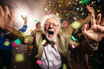 Funny seniors having party on special event. Elderly people celebrating life concept.