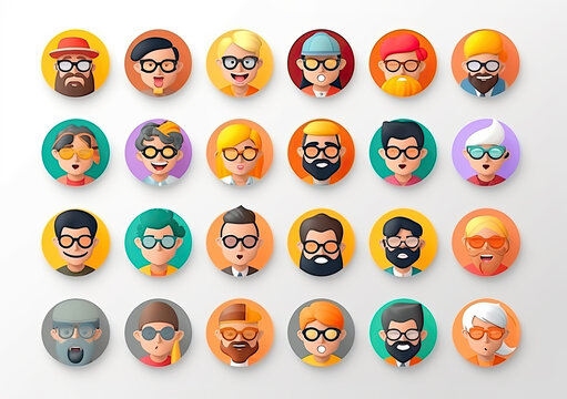 Colorful cool cute icons with avatars of various people wearing glasses or hats for social networks and mobile apps