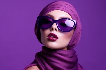 Fashion portrait of young beautiful woman with violet sunglasses and purple scarf. Optics style.  Beauty, fashion.