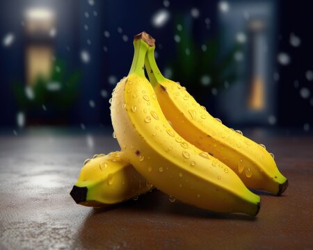 Fresh ripe bunch of banana fruit with water drops. Clipping path and full depth of field. Generative AI
