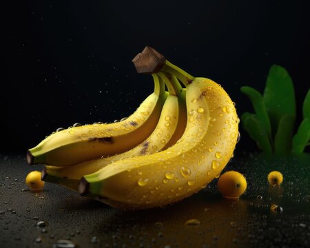 Fresh ripe bunch of banana fruit with water drops. Clipping path and full depth of field. Generative AI