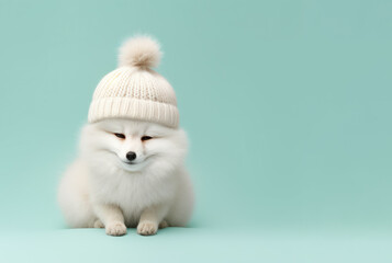 Cute baby polar fox with white winter cap, sitting in green snow. Generative AI.