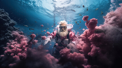 An old man with a white beard, dressed in pastel pink diving suit, diving underwater on coral reef. Generative AI.
