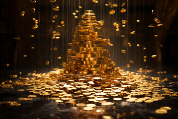 Fountain of gold coins raining on black background. Generative AI - obrazy, fototapety, plakaty