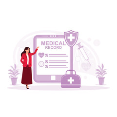 Electronic medical records with patient data and healthcare information on the tablet. Doctors use digital smart devices to read reports online. Modern Innovative Medicine Technology Concept. 