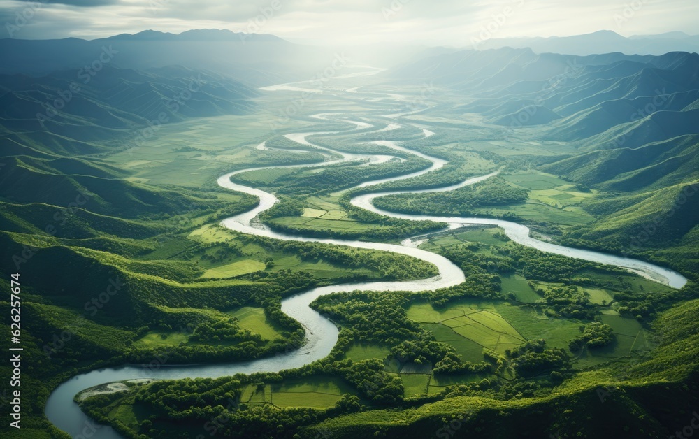 Fototapete beautiful aerial view of a river with multiple paths and meanders surrounded by green trees and vege