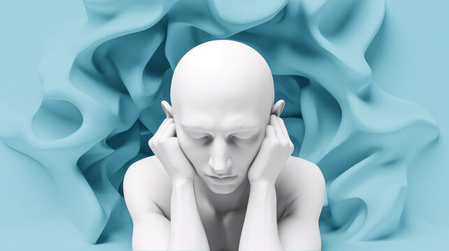 Depression and Anxiety Heavy Burden: Artistic white statue of man with representation of mental helth