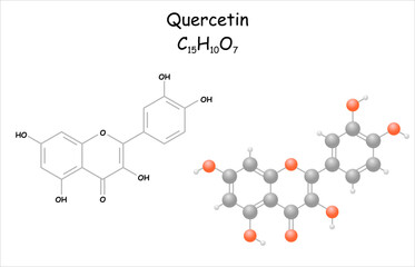 Stylized molecule model/structural formula of quercetin. Use as food ingredient and as dietrary supplement.