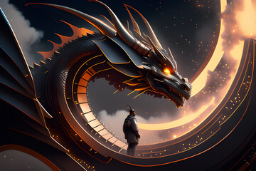 dragon on the roof with man. Generative AI