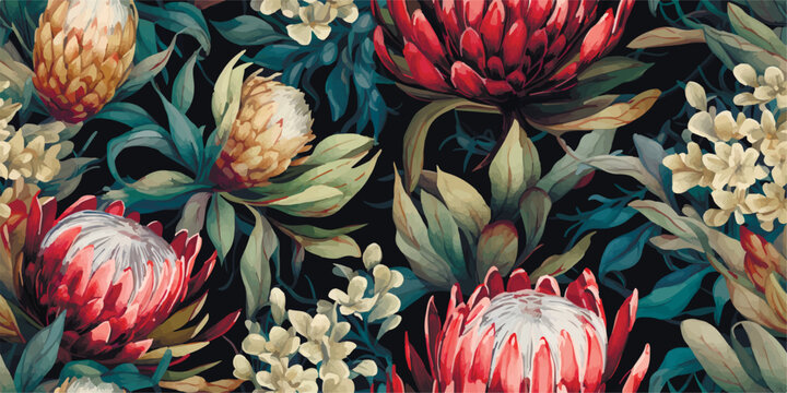 Watercolor seamless pattern with magenta protea, floral background blooming flowers and leaves. Watercolor seamless pattern with protea rose, leaves, branches for greeting wedding card