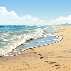 A wave approaches a sandy beach with footprints. (Generative AI)