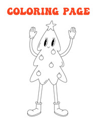70s, 80s groovy coloring page, retro print with line cute christmas tree. Printable worksheet with solution for school and preschool. Christmas holiday, happy new year.