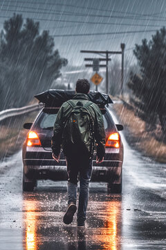 Man with a backpack on his back walking towards a car while getting wet from the heavy rain that falls, generative AI © MSCT