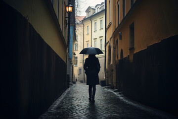 walking in the city with umbrella