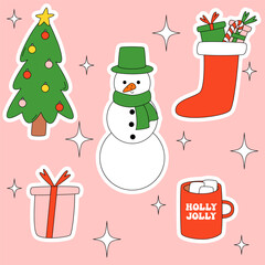 Set christmas retro groovy stickers in 70s-80s style. Sock with gift, mug with cocoa and marshmallow, christmas tree, gift box, snowman.