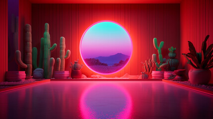 Abstract background with pink glowing neon circle in desert. Generative AI