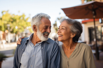 An elderly Hispanic couple enjoying outdoors, their love palpable, reflecting a Latin American immigrant's fulfilling retirement