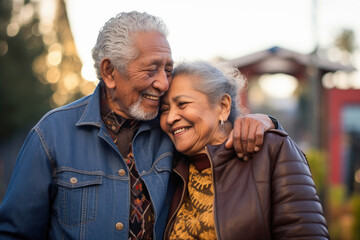 An elderly Hispanic couple enjoying outdoors, their love palpable, reflecting a Latin American immigrant's fulfilling retirement - obrazy, fototapety, plakaty
