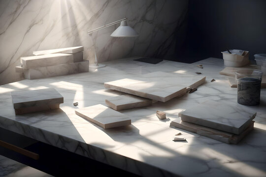 Marble  pieces on marble table in workshop room. AI Generated. 
