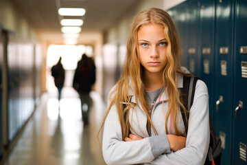 Portrait of a young teenage girl in school at the locker-lined hallway, wearing backpack