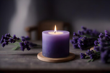 Obraz na płótnie Canvas Burning candle with lavender flowers on wooden table, AI Generated.