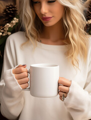Hübsche Frau Gesicht mit weißen Nachthemd im Schlafzimmer und Kaffee Tasse blickt in Kamera Nahaufnahme, ai generativ