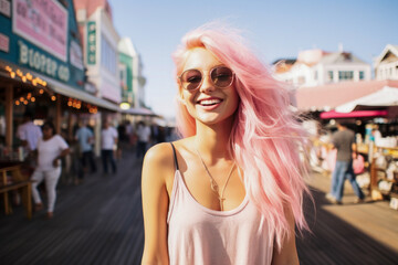 Fototapeta na wymiar Beautiful young woman with striking pink and blonde hair. Enjoying outdoors at a lively boardwalk lined with shops and restaurants, emphasizing a carefree spirit