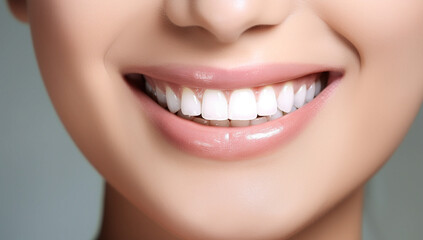 Fototapeta premium close up of woman mouth with white healthy teeth and peach color lipstick