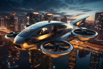 Air taxi and city view at night. Air vehicle. Personal air transport. Autonomous aerial taxi. Flying car. Urban aviation. Futuristic technology. Electric VTOL passenger aircraft. Generative AI. - obrazy, fototapety, plakaty