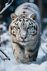 Fototapeta na wymiar White tiger with blue eyes walking in the snow. Generative ai