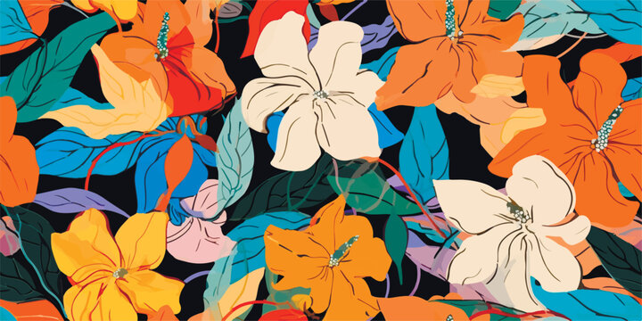 Fototapeta Modern exotic floral pattern. Collage contemporary seamless pattern. Hand drawn cartoon style pattern