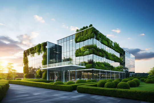 Eco-friendly building in the modern city. Sustainable glass office building with tree for reducing carbon dioxide. Office building with green environment. Corporate building reduce CO2. Generative AI.