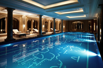 Obraz na płótnie Canvas Illuminated view of indoor luxury swimming pool. Generative ai