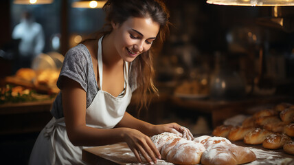 Obraz na płótnie Canvas One happy beautiful confident young woman prepare bread at bakery