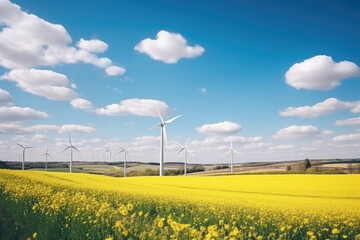 Yellow green paradise surrounded by wind turbines protecting nature. Generative ai