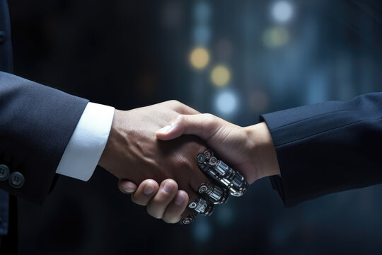Handshake of human with robot or human whose organs are robotic. Generative ai