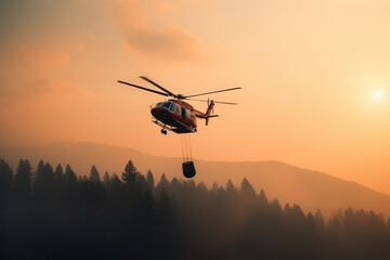 Sunset, forests and helicopter carrying water. Generative ai - obrazy, fototapety, plakaty