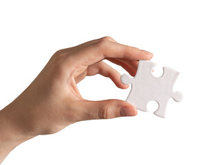 Hand holding single piece of puzzle isolated on white background